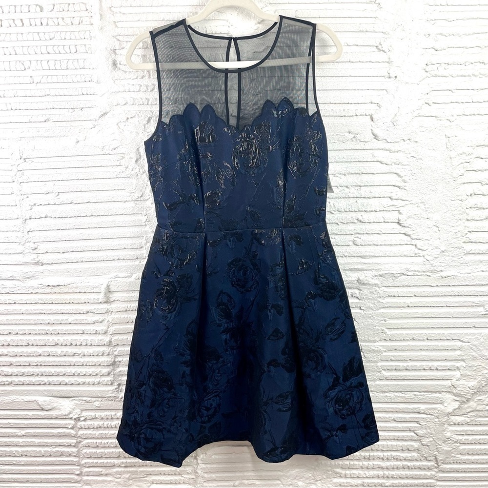 NWT Carmen Marc Valvo Blue‎ Dress Brocade Sheer Dark Fairy Cocktail Glam NYE 6